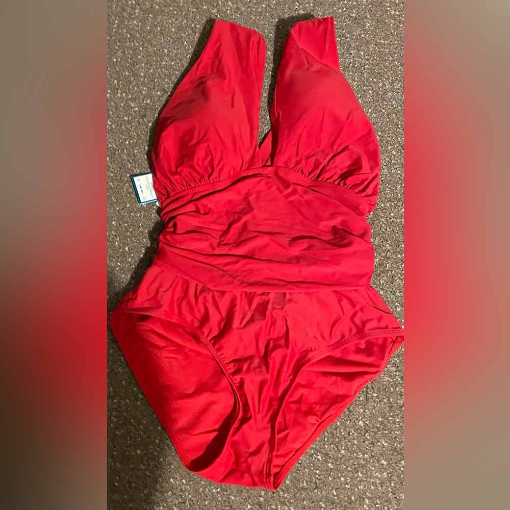 Red NWT TUMMY Control retro deep v neck cross back rouched waist bathing suit